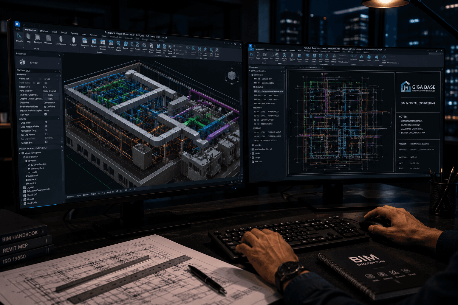 BIM coordination workstation and project drawings